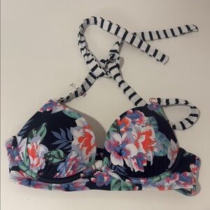 Floral Bikini Top with Striped Straps